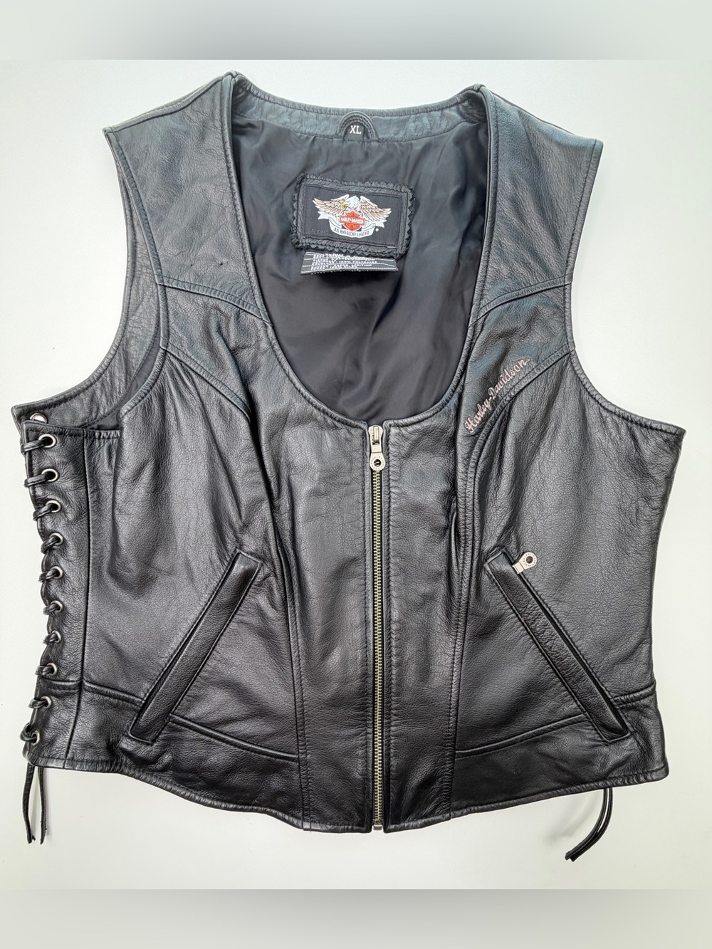 Vintage 2006 Harley-Davidson Women's Black Leather Horizon Zip Front Vest XL GUC